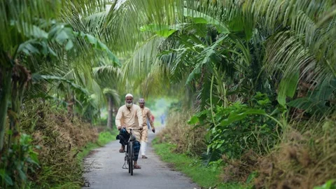View of a man riding a bicycle on a rural path in Bangladesh. Video stock 334991604