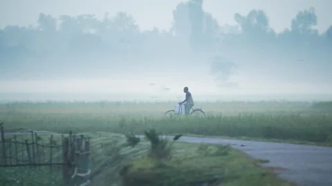 View of a man riding a bicycle through foggy fields in Bangladesh. Video stock 335552220