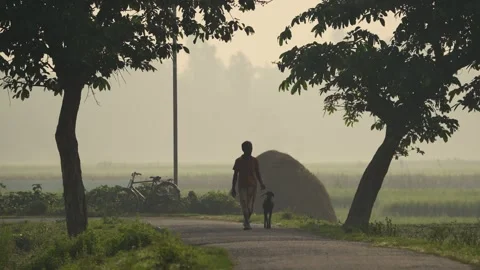 View of a man walking with a goat on a rural road, Bangladesh. Vídeos de archivo 335592875