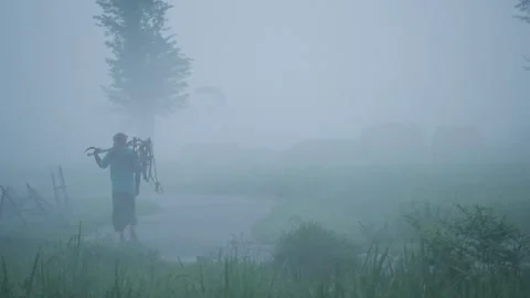View of a man walking through thick fog in Bogura, Bangladesh. Stock Footage 335595785