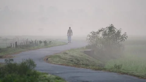 View of a man walking on a winding road in heavy fog, Bangladesh. Stock Footage 335594527