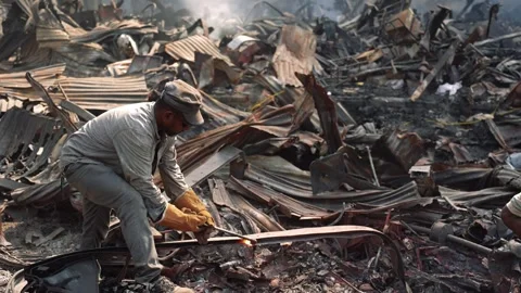 View of a man working amidst debris after a fire in Dhaka, Bangladesh. Stock Footage 335562696