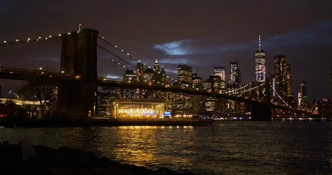 View of Manhattan and Brooklyn bridge at night New York City United States of Stock Footage 102483250