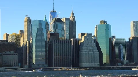 View to Manhattan from Brooklyn Bridge Park Stock Footage 69942530