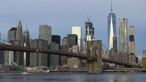 View to Manhattan from Brooklyn Bridge Park Stock Footage 69945074
