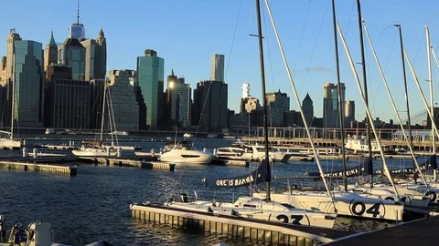 View to Manhattan from Brooklyn Bridge Park Stock Footage 69945120