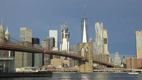 View to Manhattan from Brooklyn Bridge Park Stock Footage 69945198