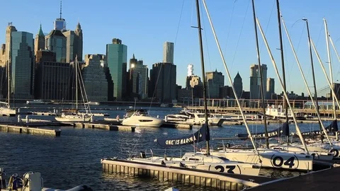 View to Manhattan from Brooklyn Bridge Park Stock Footage 69945260