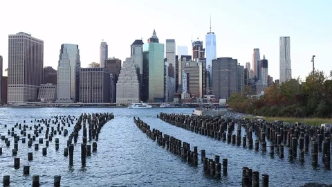View to Manhattan from Brooklyn Bridge Park Stock Footage 69945559