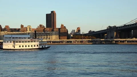 View to Manhattan from Brooklyn Bridge Park Stock Footage 69945777