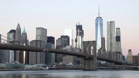 View to Manhattan from Brooklyn Bridge Park Stock Footage 69945993