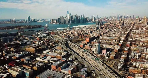 View of Manhattan from Gowanus expressway Stock Footage 128154001