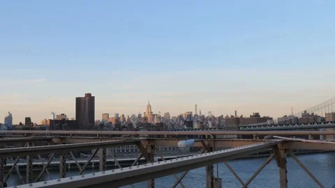 View of the Manhattan Skyline from the Brooklyn Bridge Stock Footage 85966248