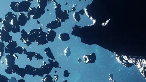 View of many asteroids floating in space with stars and dark rocks Stock Footage 345063685