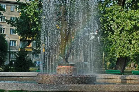 View of many fountain with different programme and rainbow  in the public  park Stock Photos