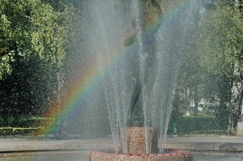 View of many fountain with different programme and rainbow  in the public  park Stock Photos
