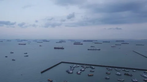 View of many logistic transport freight container ships in the sea. Stock Footage 272607212