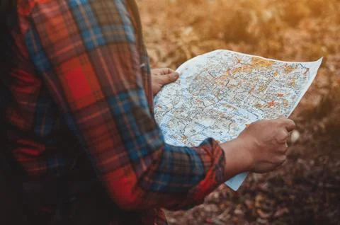 View map before departure. Stock Photos