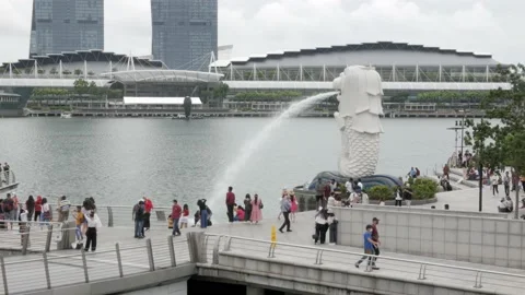 View of Marina Bay area in Singapore, with the Merlion statue, many tourist p Video stock 218362753