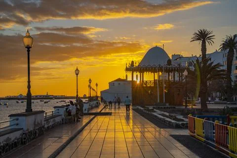 View of Marina side promenade at sunset, Arrecife, Lanzarote, Canary Islands, Stock Photos