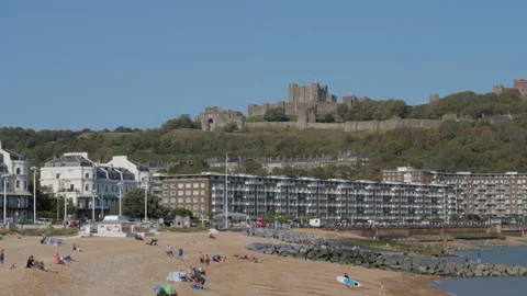 View from Mariner Pier Dover and beach and esplanade with the castle above Stock Footage 139716181