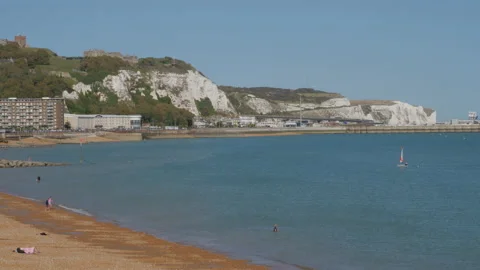 View from Mariner Pier Dover and beach and esplanade with the castle above Stock Footage 139716631