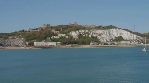 View from Mariner Pier Dover and beach and esplanade with the castle above Stock Footage 139716958