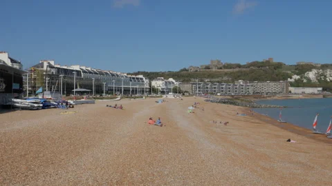 View from Mariner Pier over Dover beach and esplanade with the castle above Stock Footage 139314970