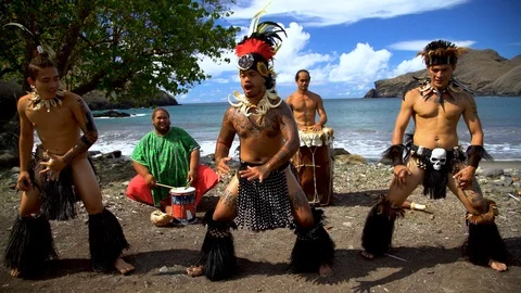 View of Marquesan Pacific dancers performing Nuku Hiva Stock Footage 90643960
