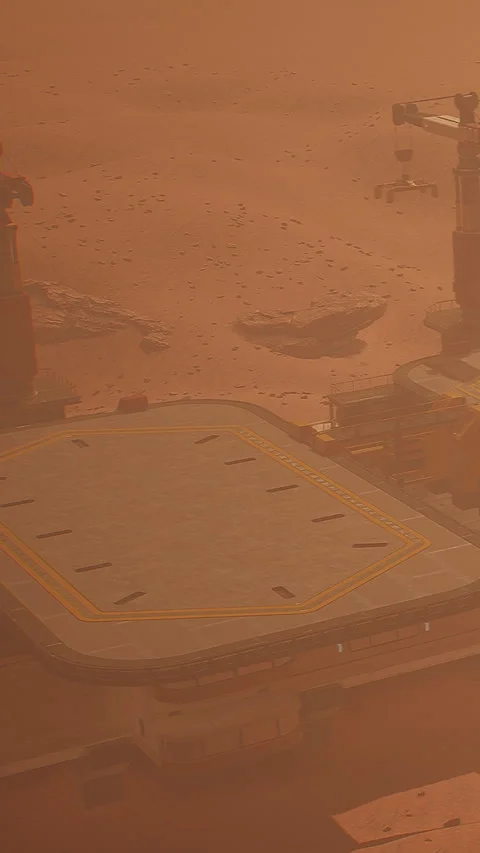 View of a Mars base on a dusty surface during a sandstorm Stock Footage 338385820