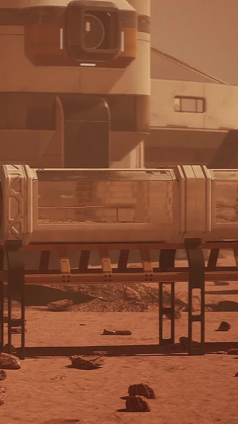 View of a Martian base with structures and rocky surface during daytime Stock Footage 337952843