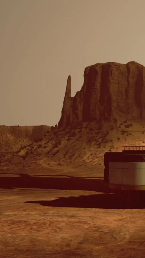 View of a Martian landscape with a structure and rock formation in sunset Stock Footage 332222122