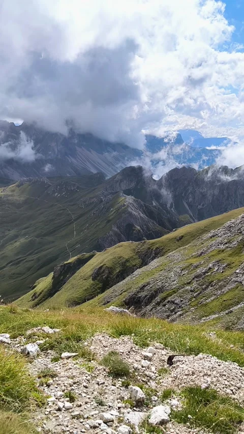 View of the meadows in the Dolomite Alps from the height of the hiking trail Stock Footage 325148734