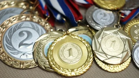 View of medals which Russians got before thay were banned from Winter Olympic Stock Footage