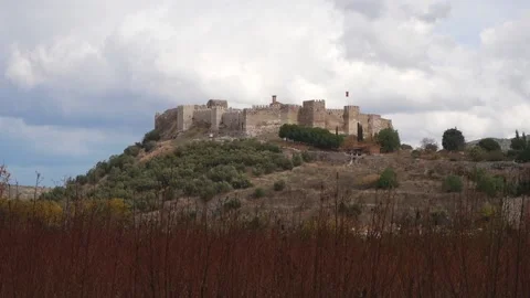 View Of A Medieval Castle On A Hill On A Cloudy Day (Ayasuluk Citadel, Turkey) Stock Footage 195930033
