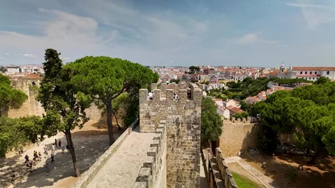 View of medieval castle walls and a stone tower under a blue sky. Stock Footage 327684485
