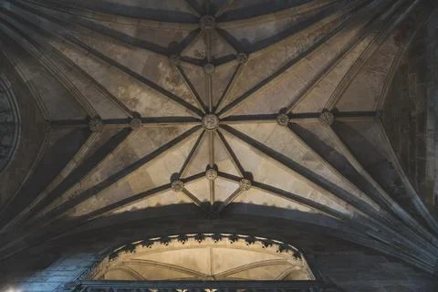 View of medieval ceiling in Jeronimos Monastery in Lisbon, Portugal. Stock Photos