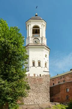 View of the medieval Clock Tower, Vyborg. Stock Photos