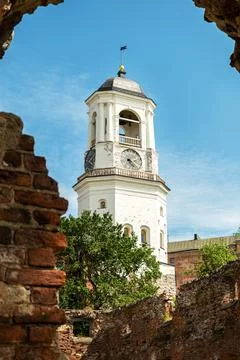 View of the medieval Clock Tower, Vyborg. Foto stock
