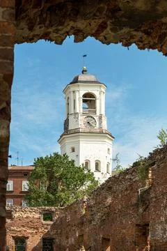 View of the medieval Clock Tower, Vyborg. Stock Photos