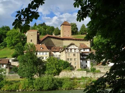 View of medieval construction in the lower town of Fribourg Stock Photos