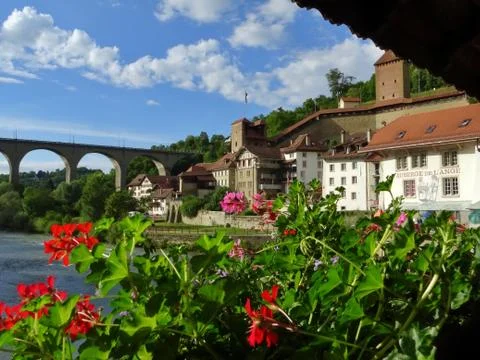 View of medieval construction in the lower town and bridge of Fribourg Stock Photos