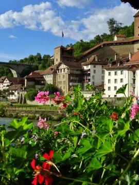 View of medieval construction in the lower town and bridge of Fribourg Stock Photos