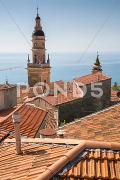View of medieval Menton and Basilique Saint Michel, Alpes-Maritimes, Cote Stock Photos