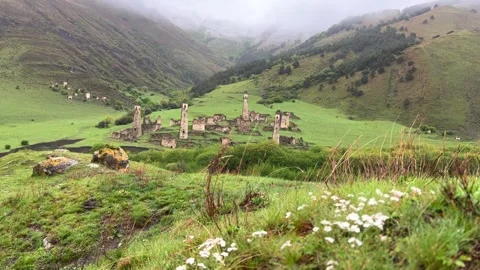 View of the medieval Targim tower complex in the Caucasus mountains  Video stock 265978958