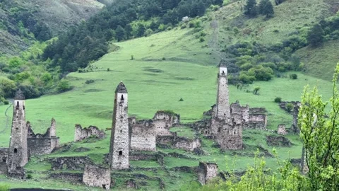 View of the medieval Targim tower complex in the Caucasus mountains  Video stock 266291387