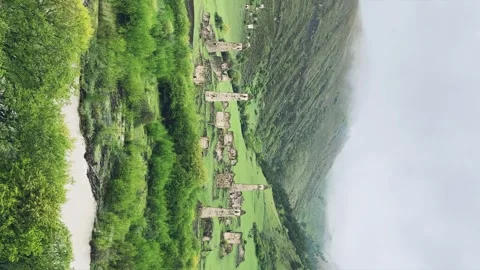 View of the medieval Targim tower complex in the Caucasus mountains  Stock Footage 266292655