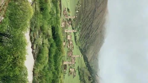 View of the medieval Targim tower complex in the Caucasus mountains  Stock Footage 266293286