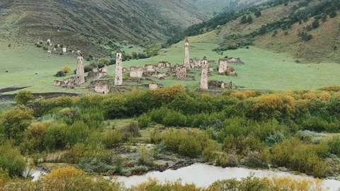 View of the medieval Targim tower complex in the Caucasus mountains Stock Footage 271149251