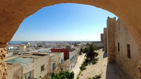 View of the medina from the window in the wall of the former fort, now a museum, Stock Footage 257327486
